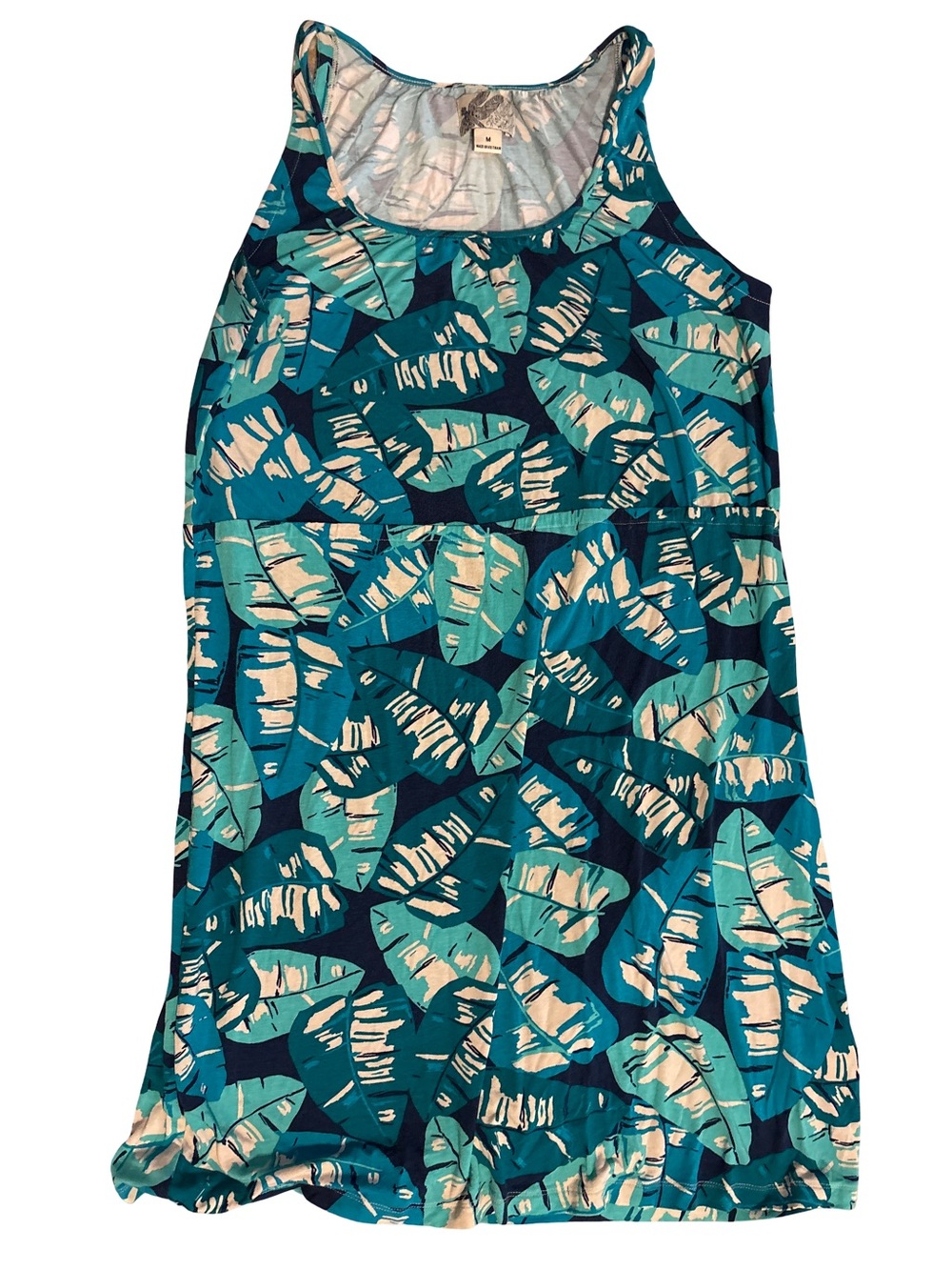 Holly Hock Teal and Cream Tropical Leaf Tank Dress